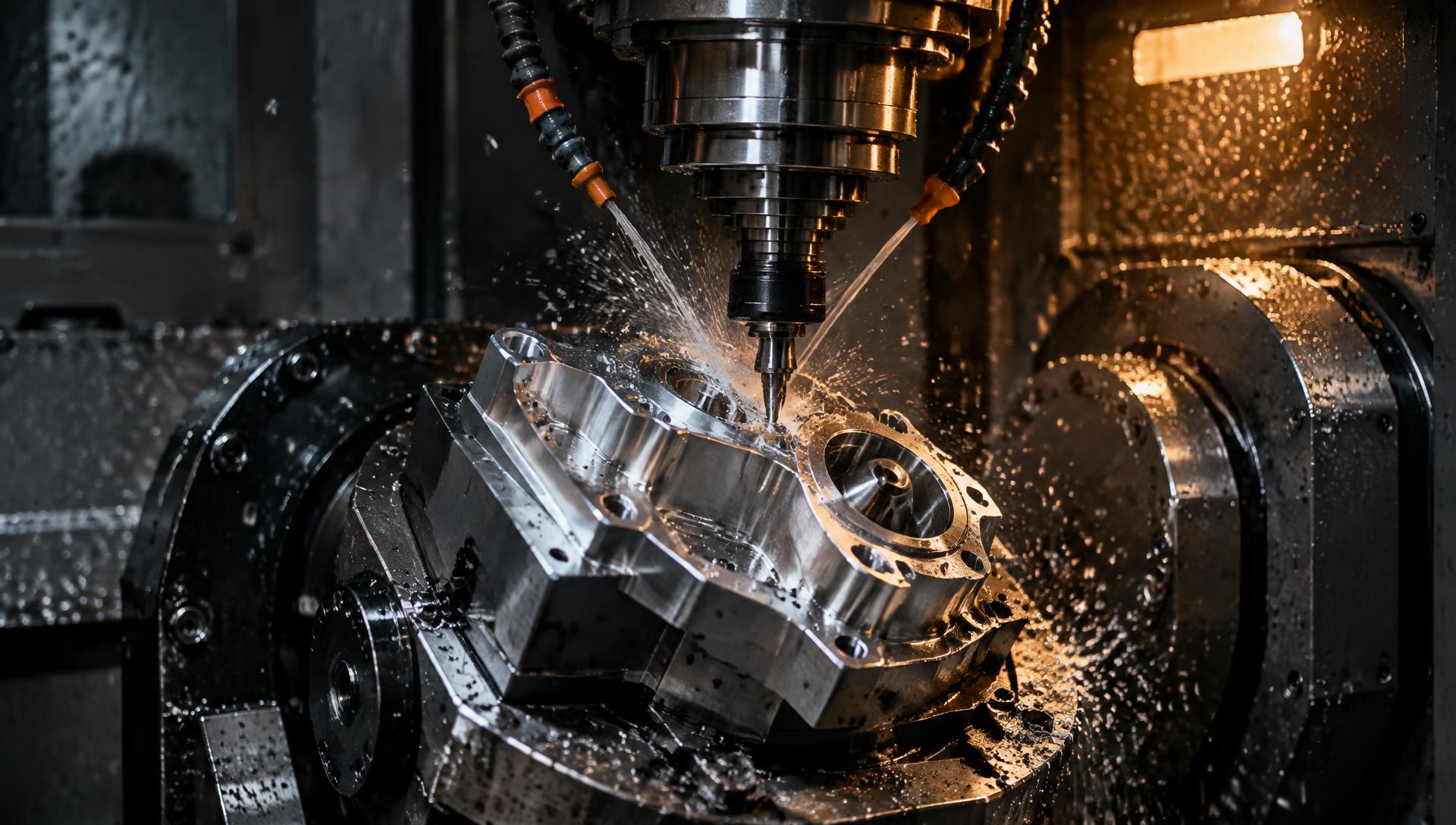 5-axis CNC milling machine cutting an aluminum housing with coolant spray