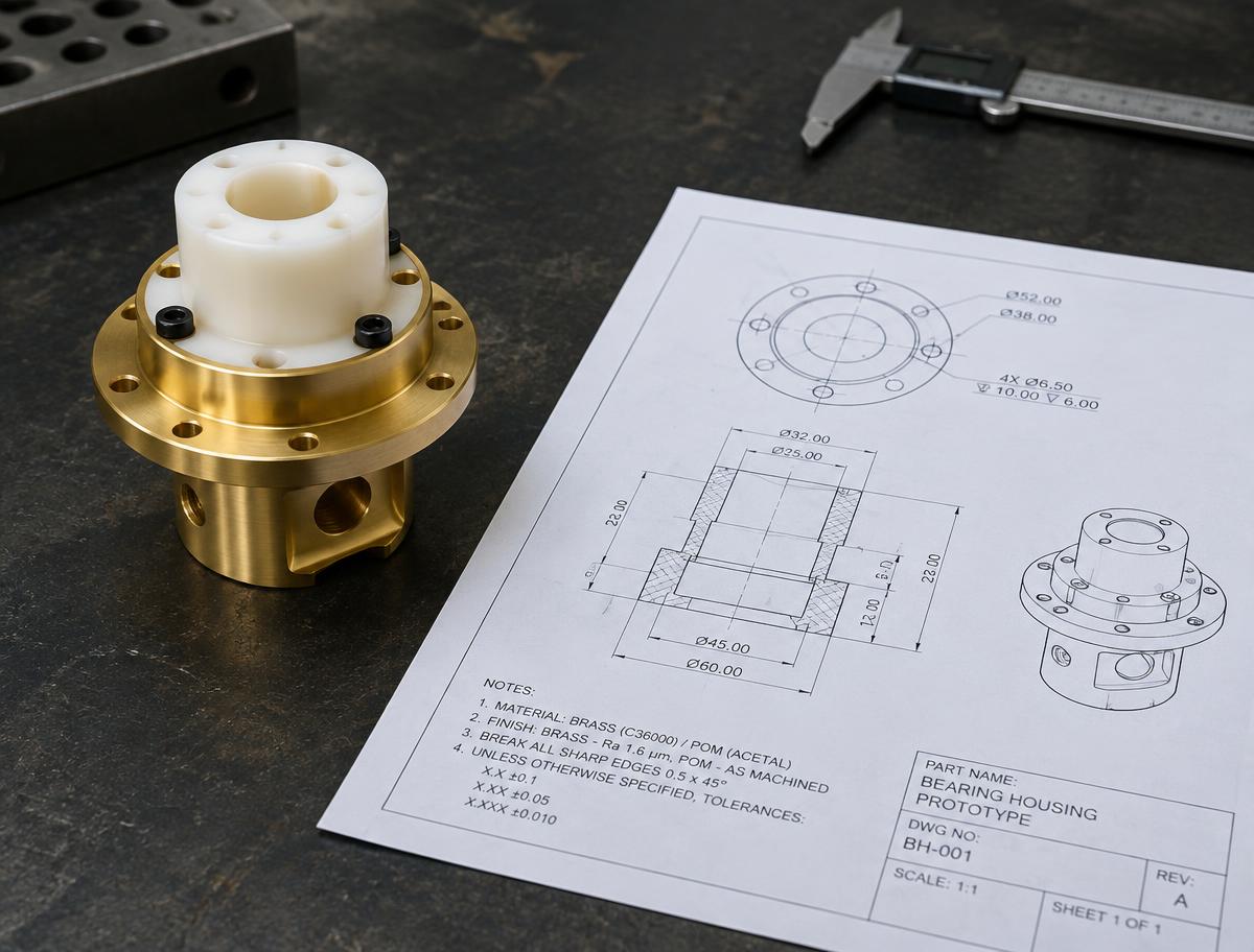 Prototype Mechanical Component — Brass + Engineering Plastic, Prototype Machining
