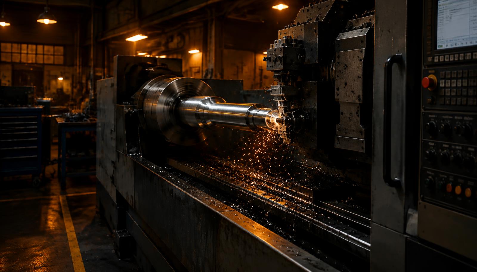 CNC lathe turning a steel shaft in a machine shop
